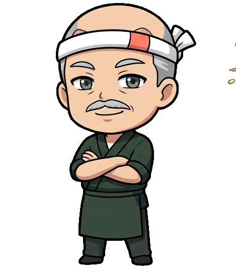 Master Kenji, neutral expression, arms crossed