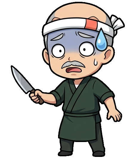 Master Kenji reacting to a poor cut, comedic sweat drop and wide eyes